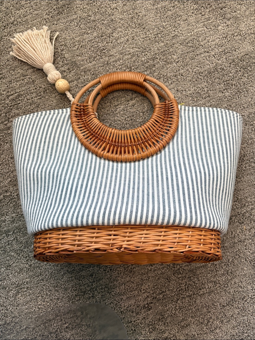 Straw Studios, Striped Canvas and Rattan Tote Bag with Tassel - Blue/White - Picture 3 of 9
